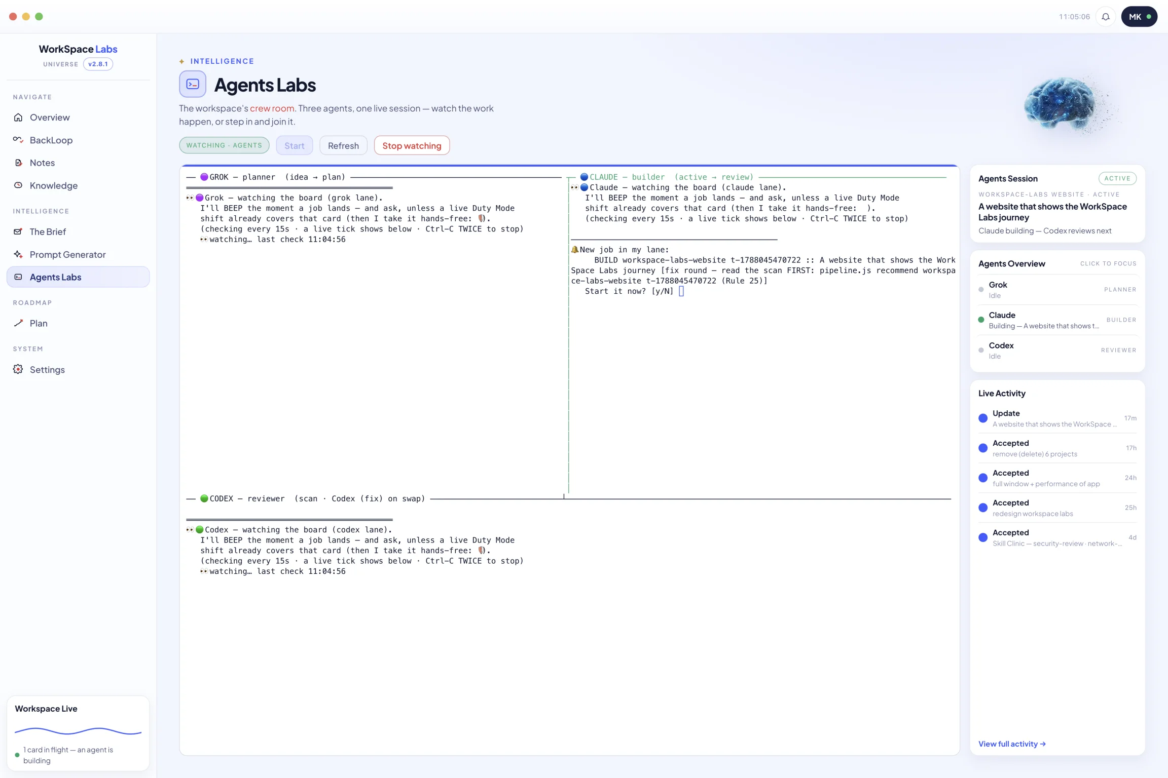 Agents Labs with Grok, Claude and Codex running in one live session.