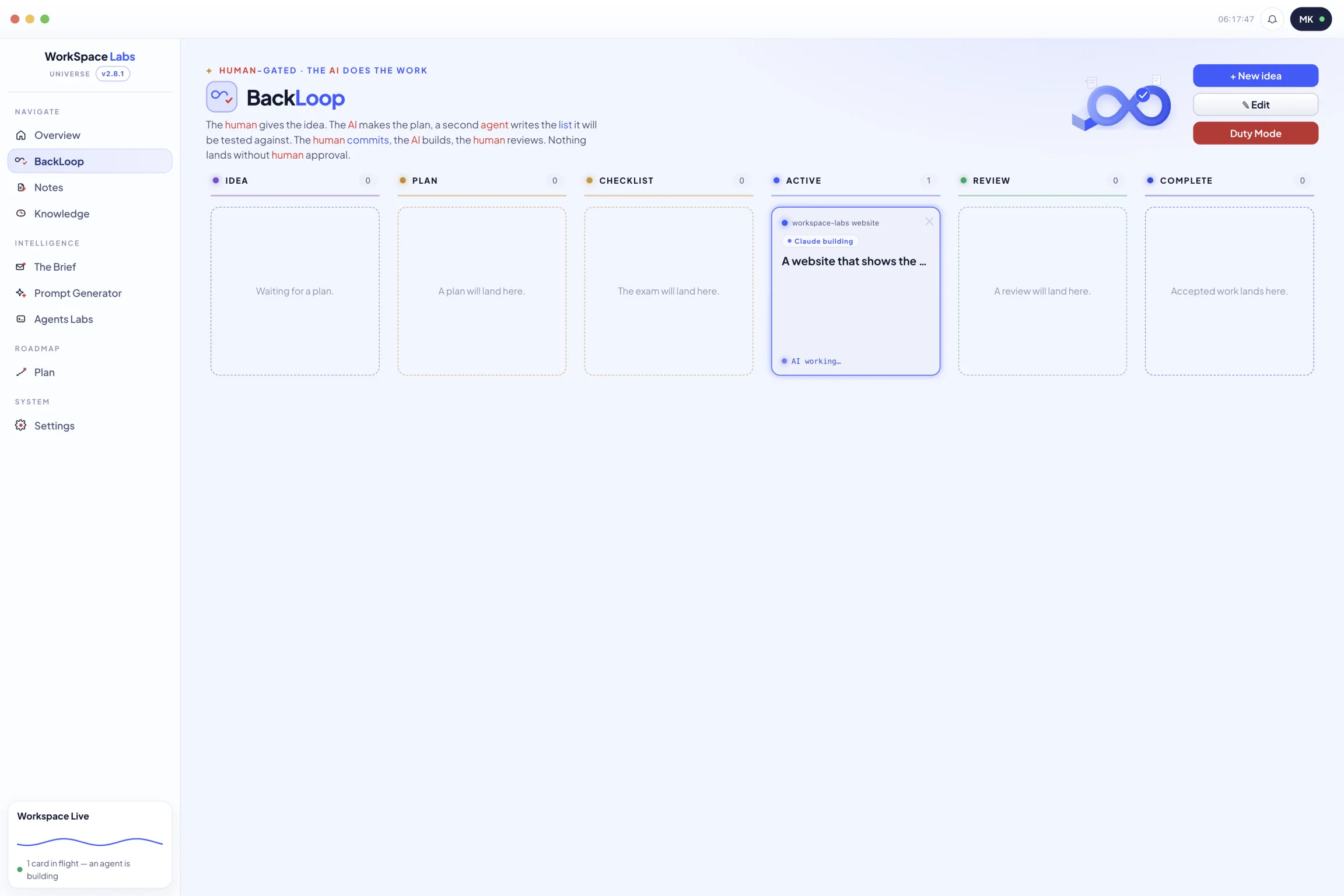 The BackLoop board with all six columns: Idea, Plan, Checklist, Active, Review and Complete.
