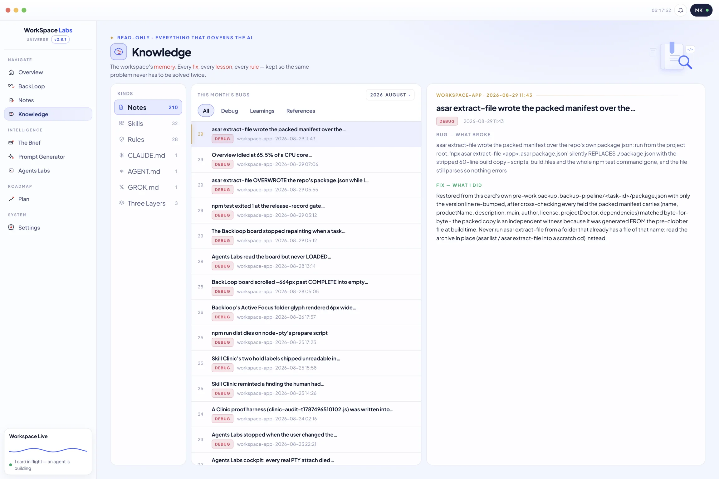 The Knowledge window with counts for notes, skills and rules, and a fixed bug open.