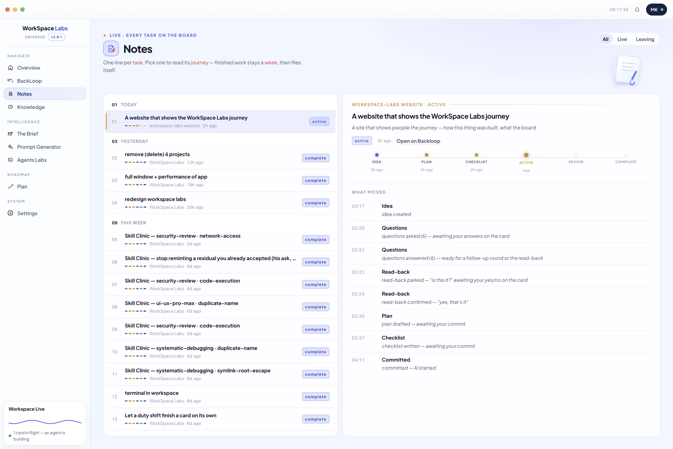 The Notes window showing one task per line and the open task’s stage-by-stage journey.