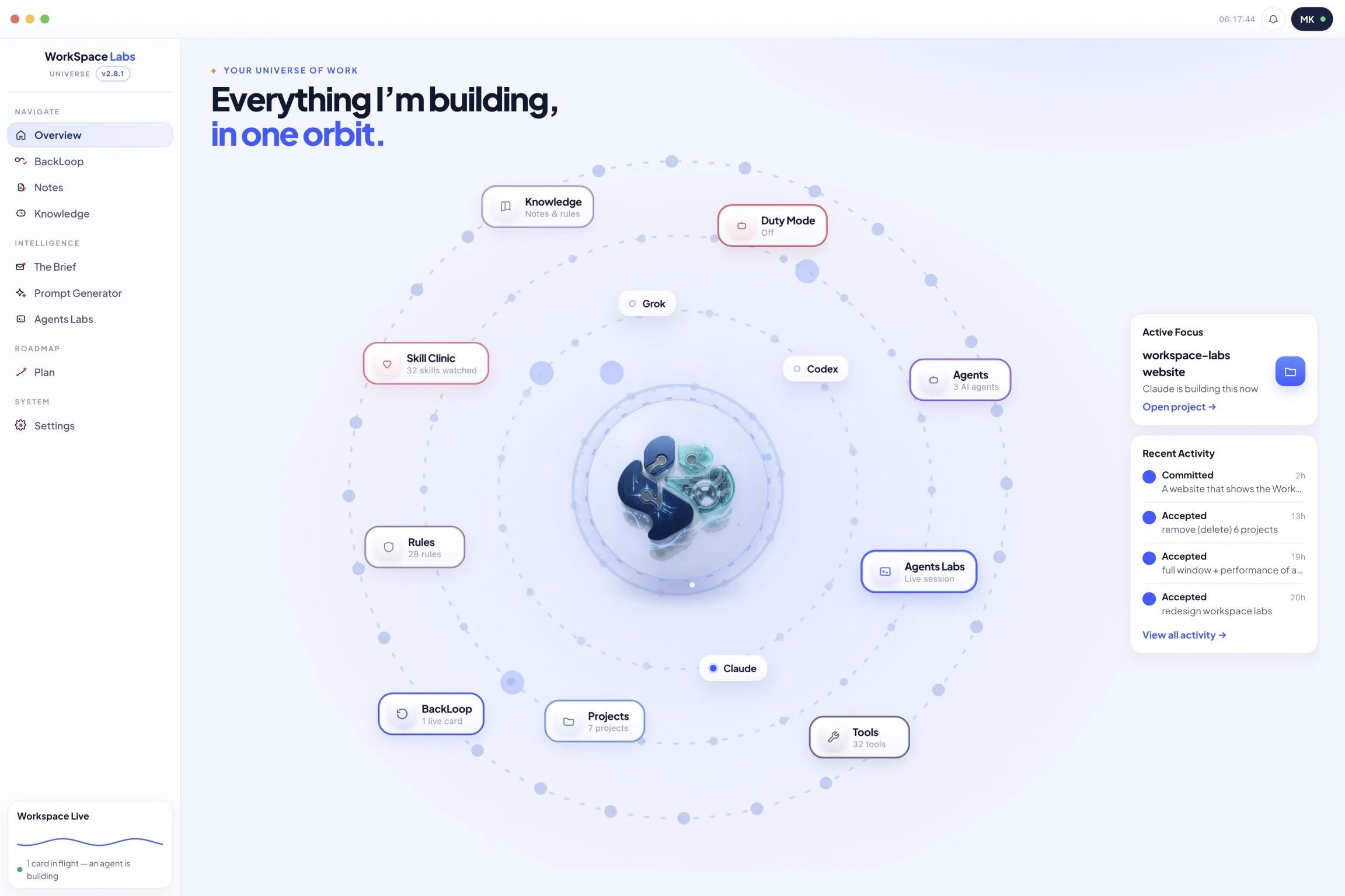 The Overview window: every project in one orbit, with the three agents and recent activity.