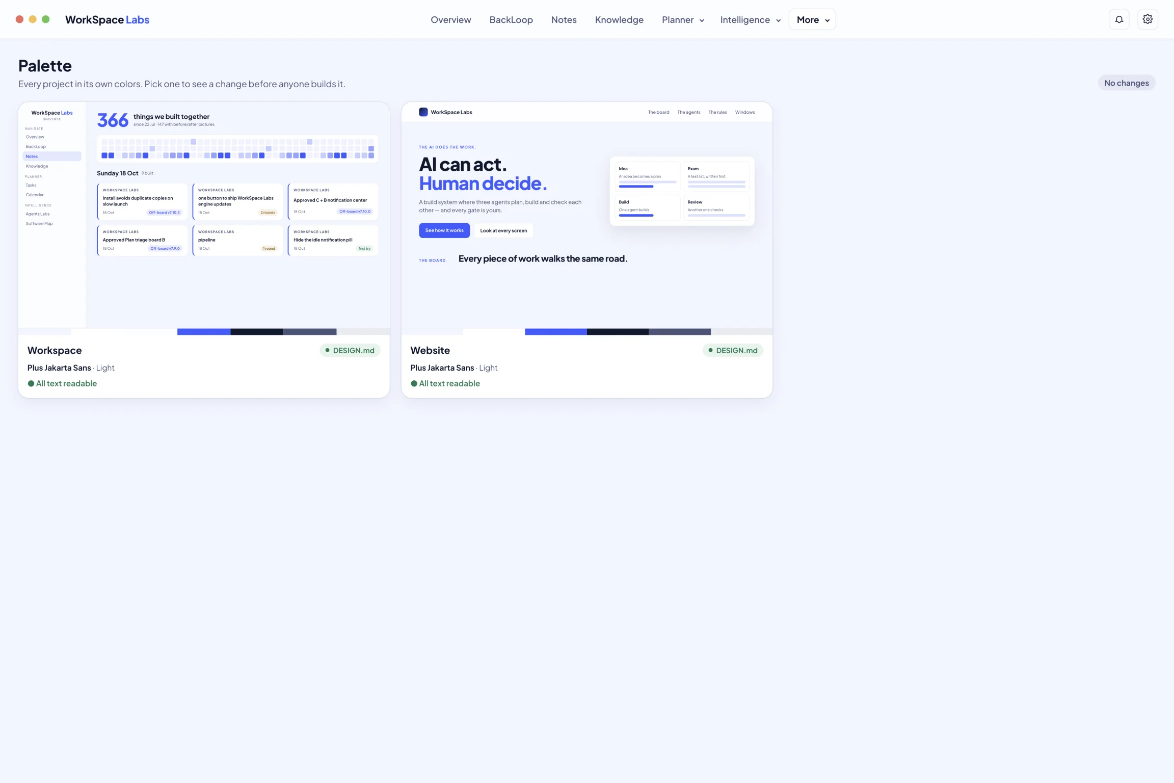 The Palette window: each project’s colours, its font, and a readability check.