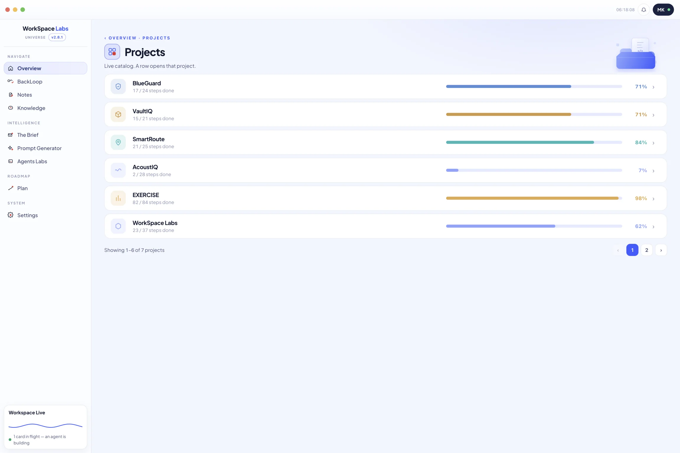 The Projects window listing the live catalog with progress for each.