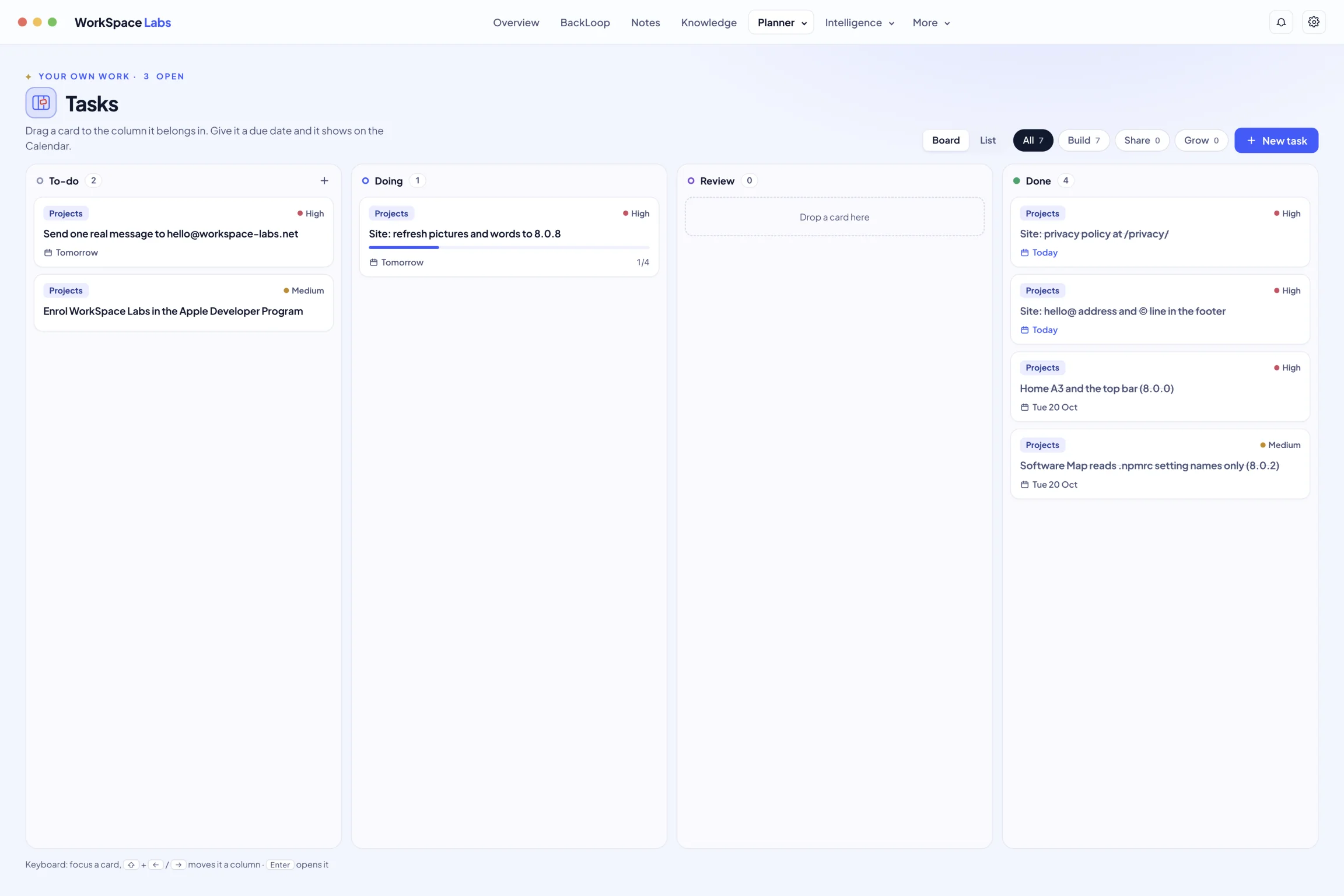The Tasks window: your own work in To-do, Doing, Review and Done columns.